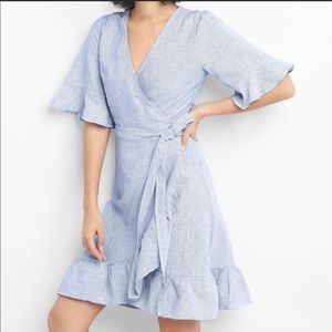 Gap linen blue stripe wrap dress